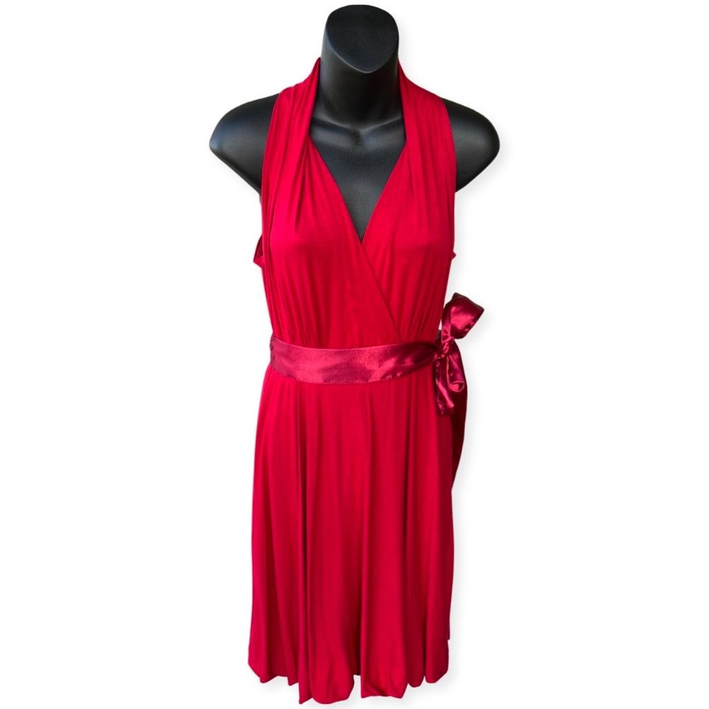 🌸4/$50🌸 Red Halter Wrap Cocktail Dress Satin Sash Lined Bubble Hem - Picture 5 of 13